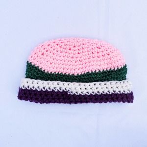 VINTAGE HANDMADE CROCHET KNITTED TOQUE STRIPED CROWN BEANIE CAP HAT NEW